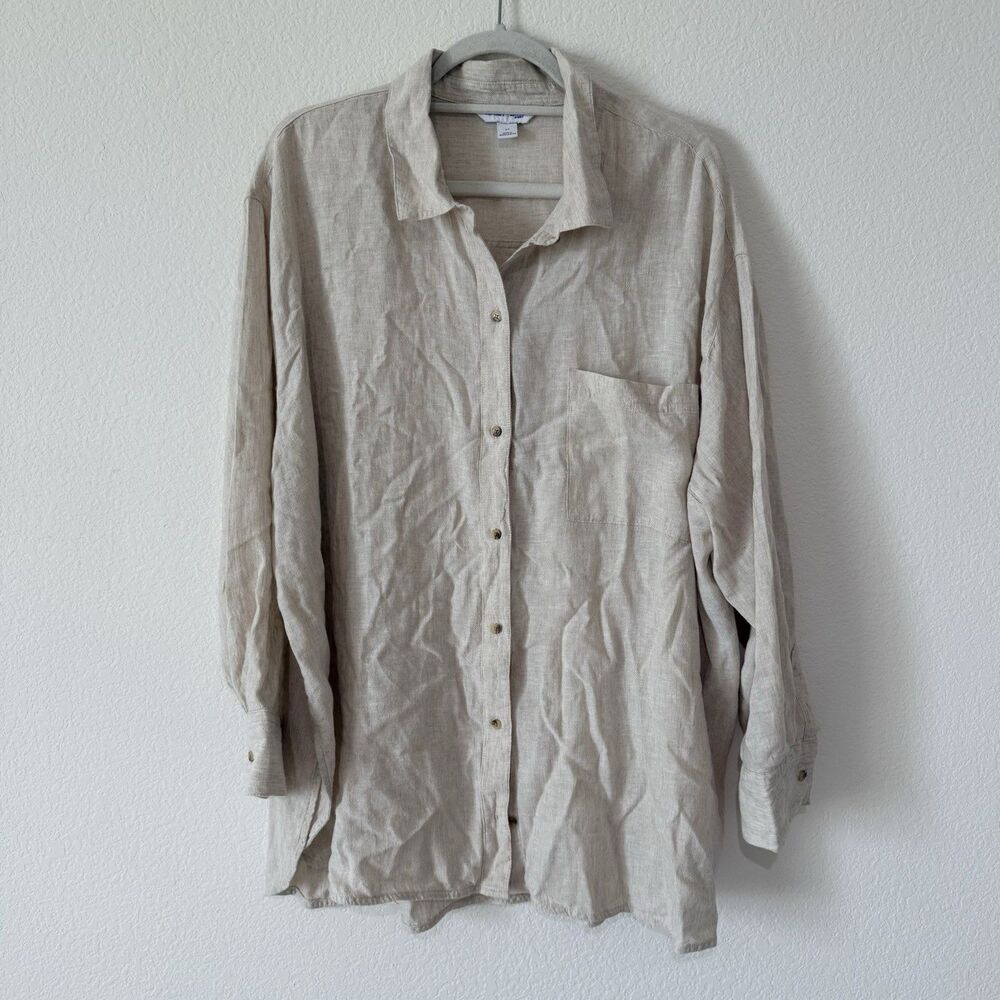 Old Navy Shirt Womens Size 2X Boyfriend Shirt Beige Button Front Linen Blend